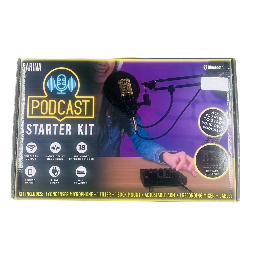 Sarina Podcast Starter Kit Black Gold Condenser Mic V8 Mixer Stand NEW